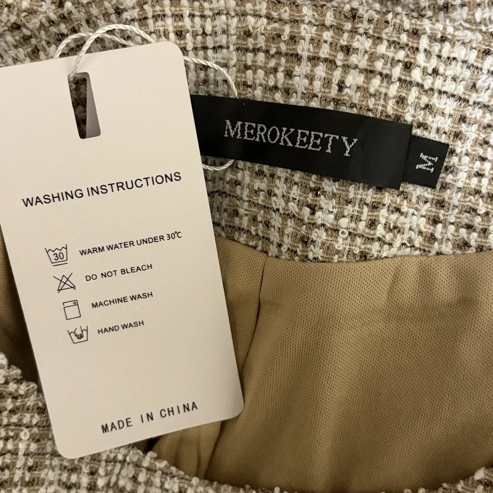 Merokeety Tweed Textured‎ Button Jacket Women's M Neutral Lightweight Blazer